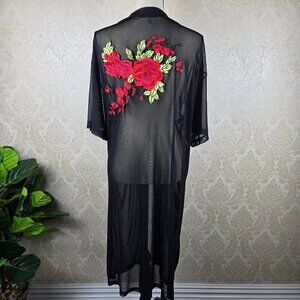 Persaya Size XL Black Sheer Kimono Robe Rose Floral Applique on Back No Closure